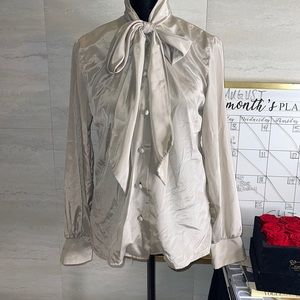 Silver/Light Grey Iridescent Tie Neck Blouse